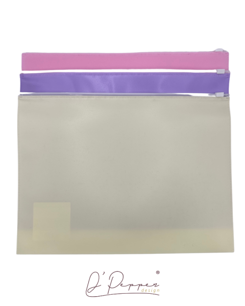 Porta Documentos, fecho ZIP, plástico semi-transparente, até 100 folhas de papel A4.