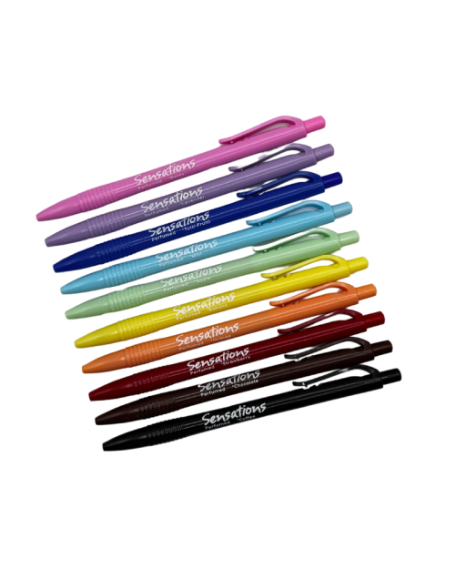 Esferográfica perfumada 0.7mm, 10 cores/aromas: menta, laranja, banana, morango, rosa, lavanda, maçã, tutti-fruti, chocolate, café.