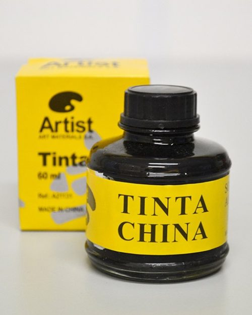 Tinta da China Artist de cor preta intensa e opaca. Disponível em frasco de vidro de 60ml